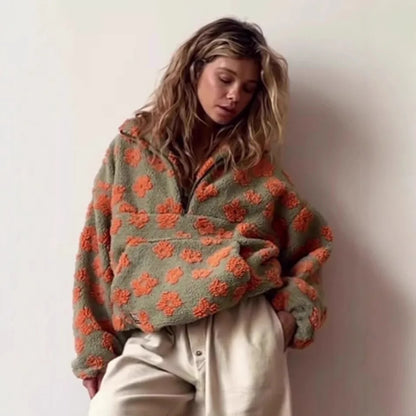 Women's Outerwear 2025 Fall/Winter New Arrival: Fleece-Lined Floral Oversized Zip-Up Faux Shearling Hoodie