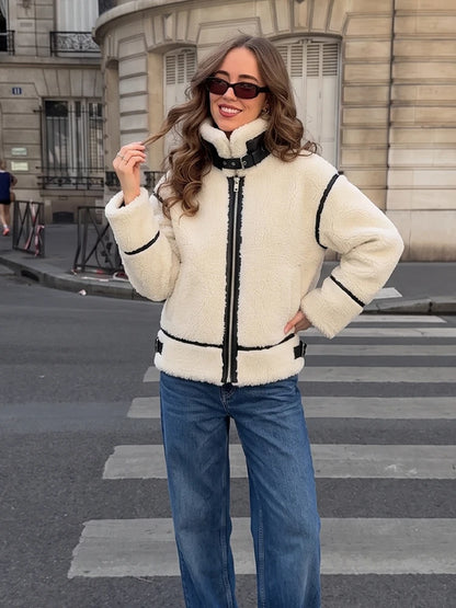 Contrast Faux-Shearling Moto Jacket