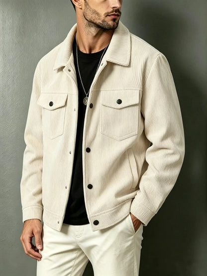 Mens Corduroy Trucker Jacket Turn Down Collar Double Chest Pockets Button Down Casual Outerwear Set