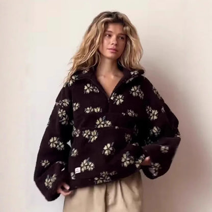 Women's Outerwear 2025 Fall/Winter New Arrival: Fleece-Lined Floral Oversized Zip-Up Faux Shearling Hoodie