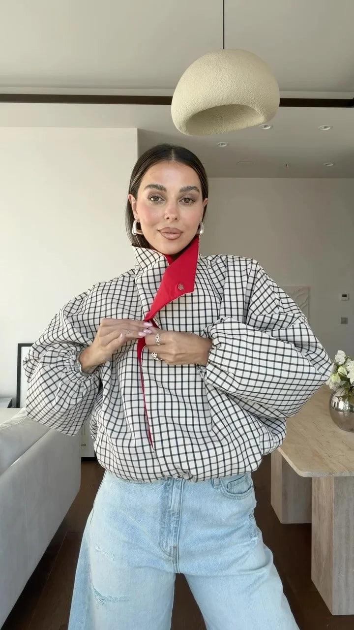 Checkered Collar  Jacket Chic Long Sleeves And Large Pockets Hidden Button Jackets 2026 Autumn New Ladies Item Daily Wear Style
