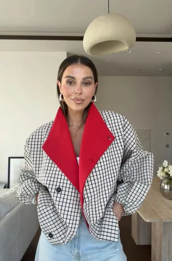 Checkered Collar  Jacket Chic Long Sleeves And Large Pockets Hidden Button Jackets 2026 Autumn New Ladies Item Daily Wear Style