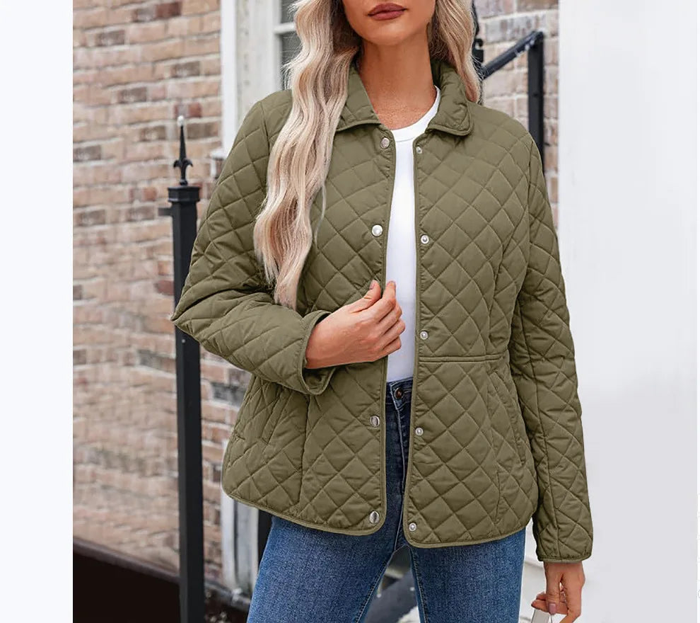 2025 Womens Coats Bovenkleding Autumn Winter Solid Color Cotton Coat Women's Lapel Button Single-breasted Rhombus Quilted Jacket
