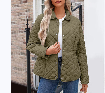 2025 Womens Coats Bovenkleding Autumn Winter Solid Color Cotton Coat Women's Lapel Button Single-breasted Rhombus Quilted Jacket
