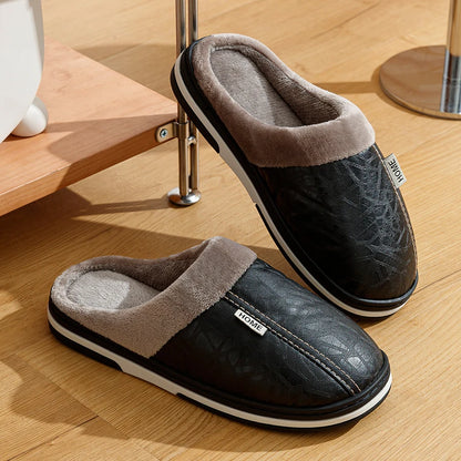 Pu Leather Big Sizes Men slippers Indoor Fur Flat Men's Winter Home Slipper Cotton Bedroom House Shoes