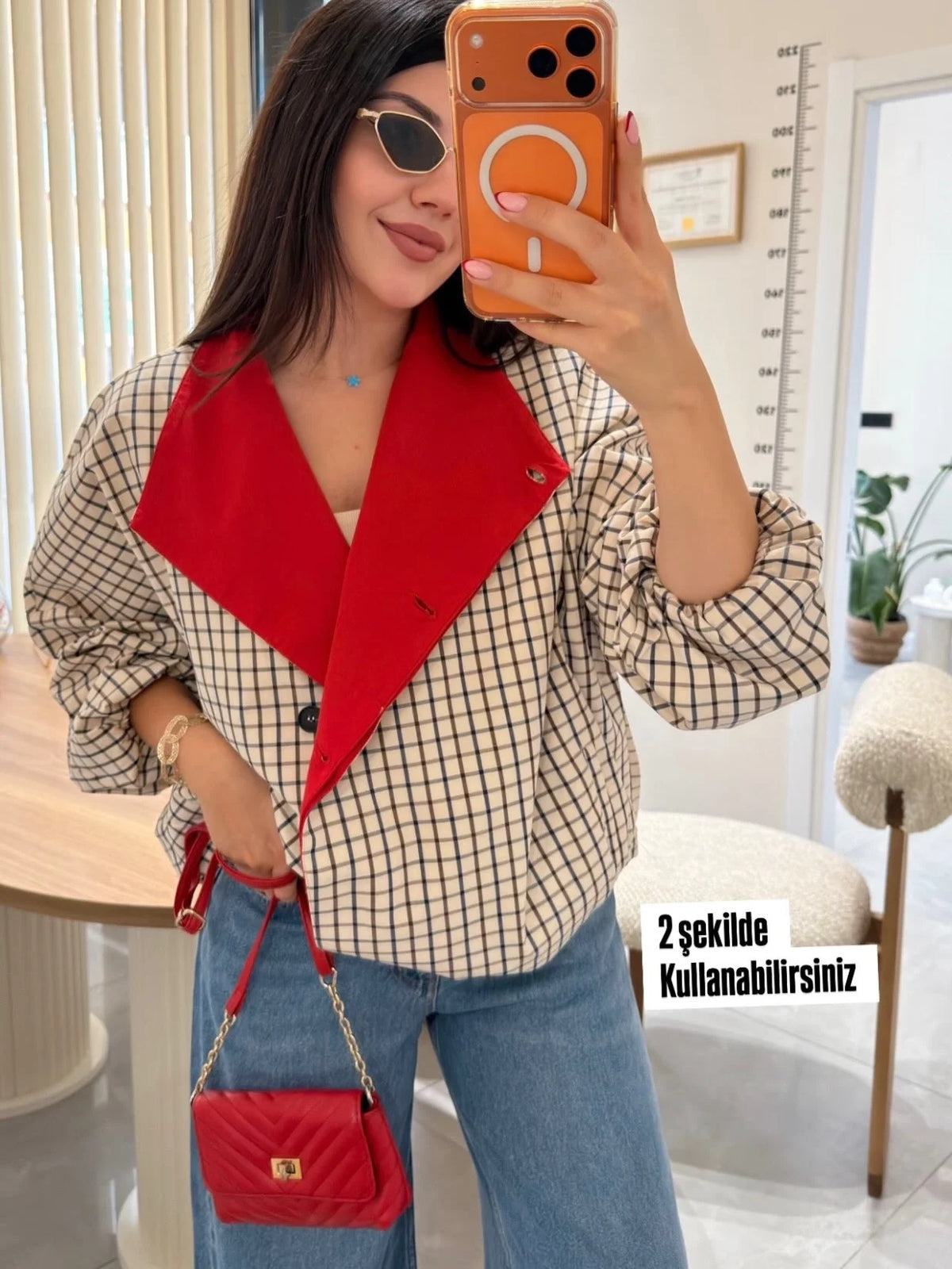 Checkered Collar  Jacket Chic Long Sleeves And Large Pockets Hidden Button Jackets 2026 Autumn New Ladies Item Daily Wear Style