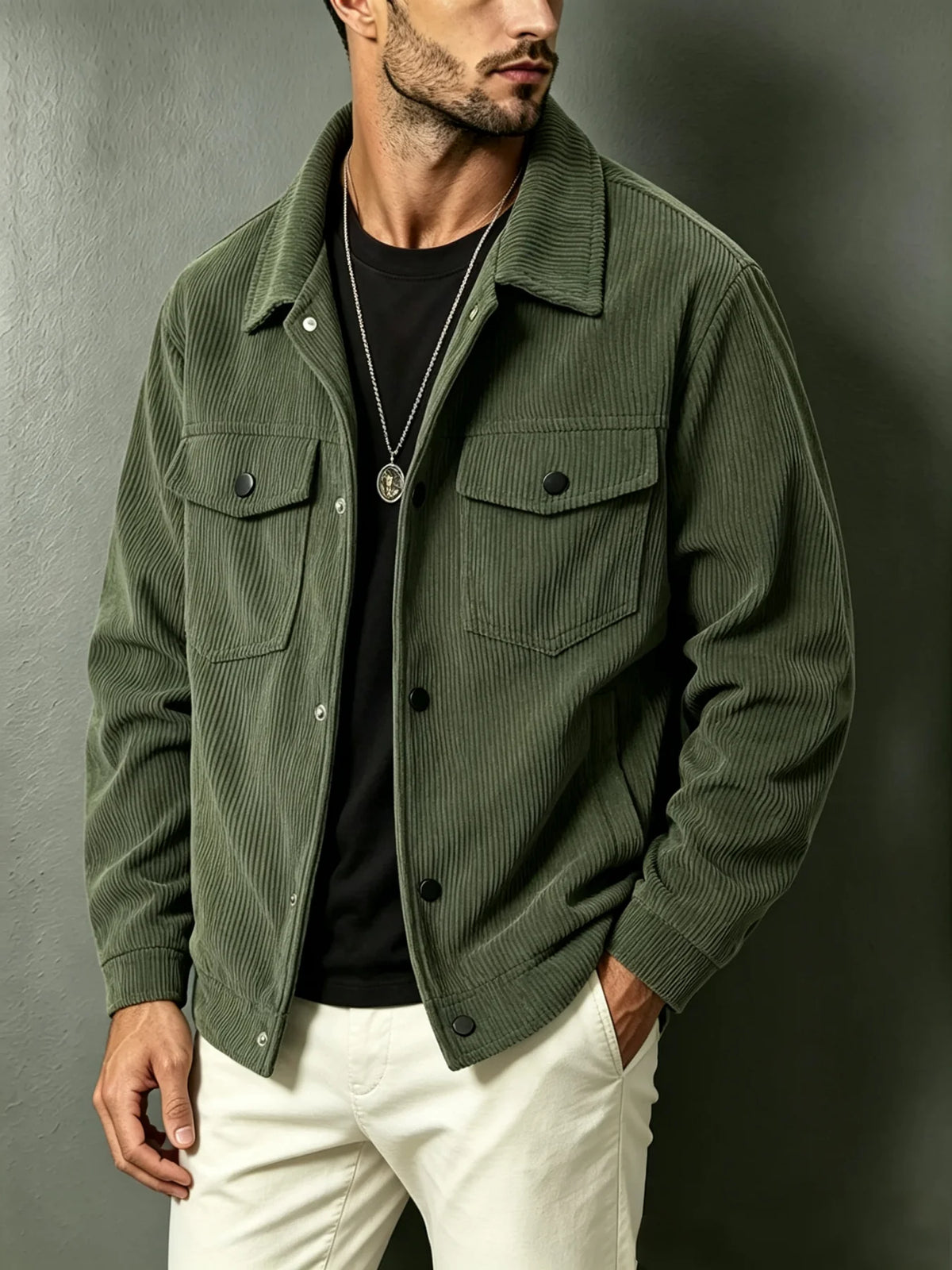 Mens Corduroy Trucker Jacket Turn Down Collar Double Chest Pockets Button Down Casual Outerwear Set
