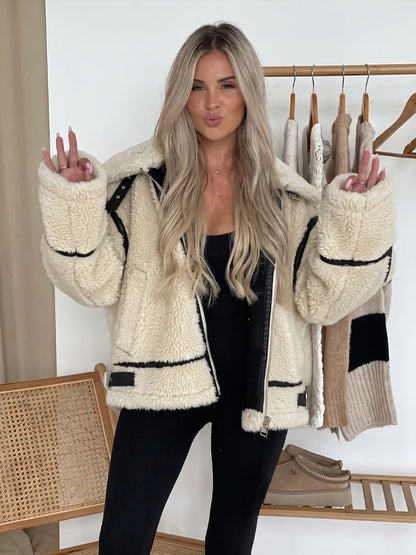 Contrast Faux-Shearling Moto Jacket
