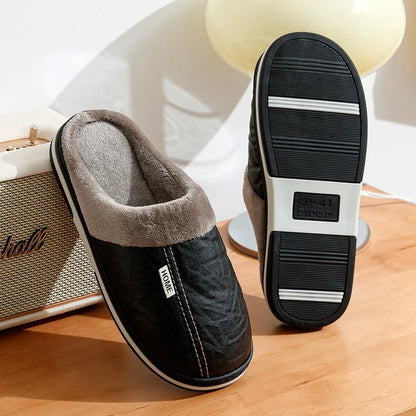 Pu Leather Big Sizes Men slippers Indoor Fur Flat Men's Winter Home Slipper Cotton Bedroom House Shoes