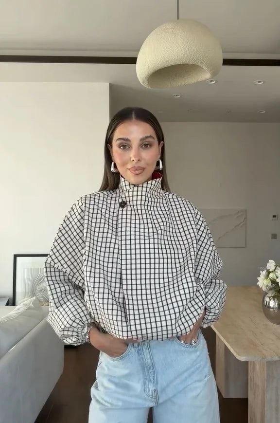 Checkered Collar  Jacket Chic Long Sleeves And Large Pockets Hidden Button Jackets 2026 Autumn New Ladies Item Daily Wear Style