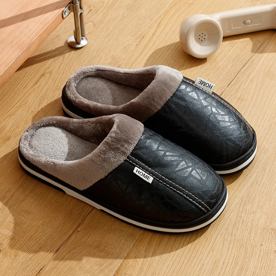 Pu Leather Big Sizes Men slippers Indoor Fur Flat Men's Winter Home Slipper Cotton Bedroom House Shoes
