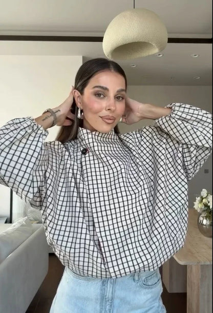 Checkered Collar  Jacket Chic Long Sleeves And Large Pockets Hidden Button Jackets 2026 Autumn New Ladies Item Daily Wear Style