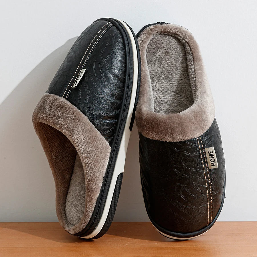 Pu Leather Big Sizes Men slippers Indoor Fur Flat Men's Winter Home Slipper Cotton Bedroom House Shoes