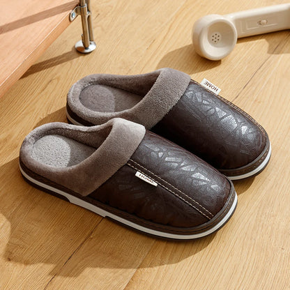 Pu Leather Big Sizes Men slippers Indoor Fur Flat Men's Winter Home Slipper Cotton Bedroom House Shoes