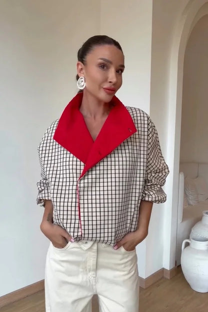 Checkered Collar  Jacket Chic Long Sleeves And Large Pockets Hidden Button Jackets 2026 Autumn New Ladies Item Daily Wear Style