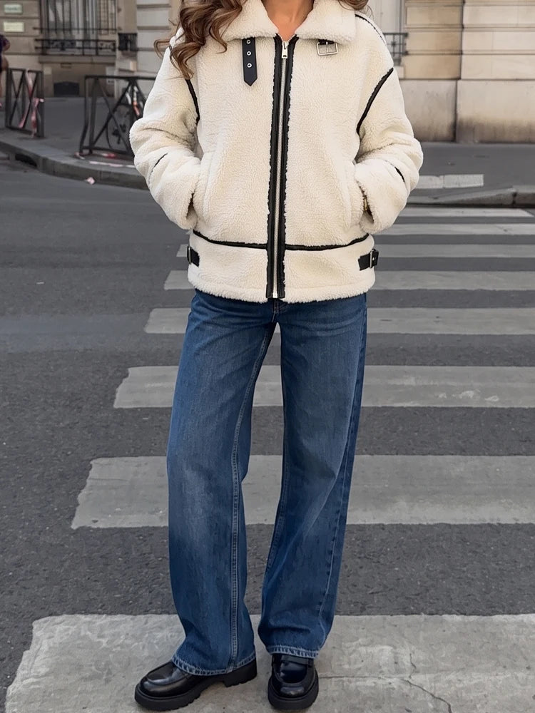 Contrast Faux-Shearling Moto Jacket