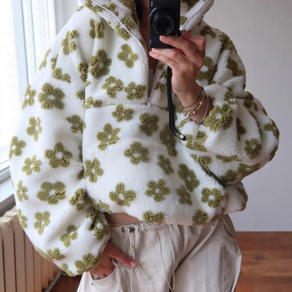 Women's Outerwear 2025 Fall/Winter New Arrival: Fleece-Lined Floral Oversized Zip-Up Faux Shearling Hoodie