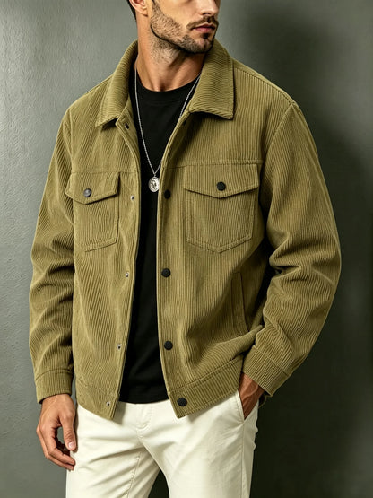 Mens Corduroy Trucker Jacket Turn Down Collar Double Chest Pockets Button Down Casual Outerwear Set