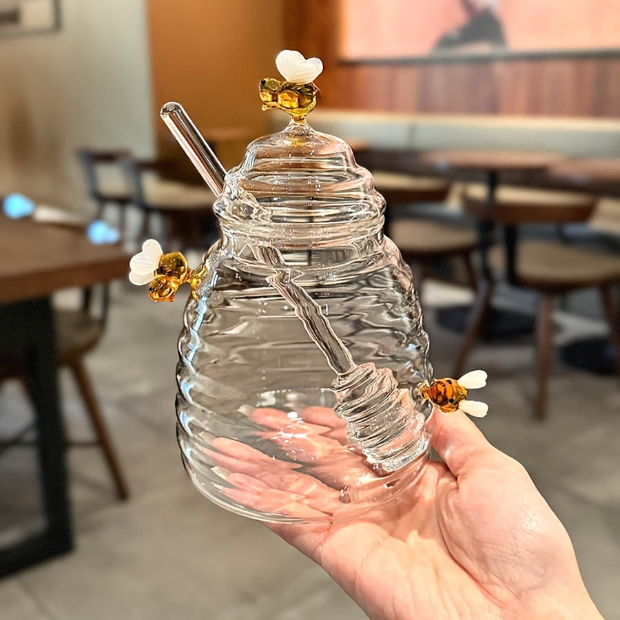 1pc Glass Honey Jar with Dipper & Lid | Transparent High Borosilicate Honey Container | Bee Decorations | Airtight Storage for Honey, Syrup & Jams