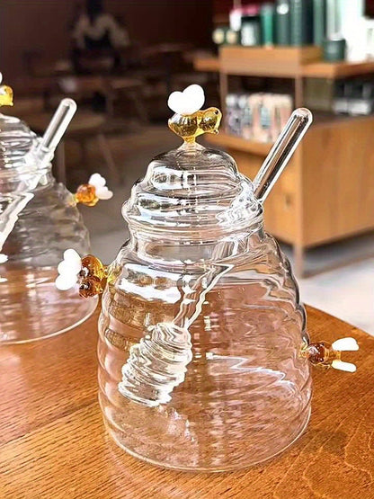 1pc Glass Honey Jar with Dipper & Lid | Transparent High Borosilicate Honey Container | Bee Decorations | Airtight Storage for Honey, Syrup & Jams