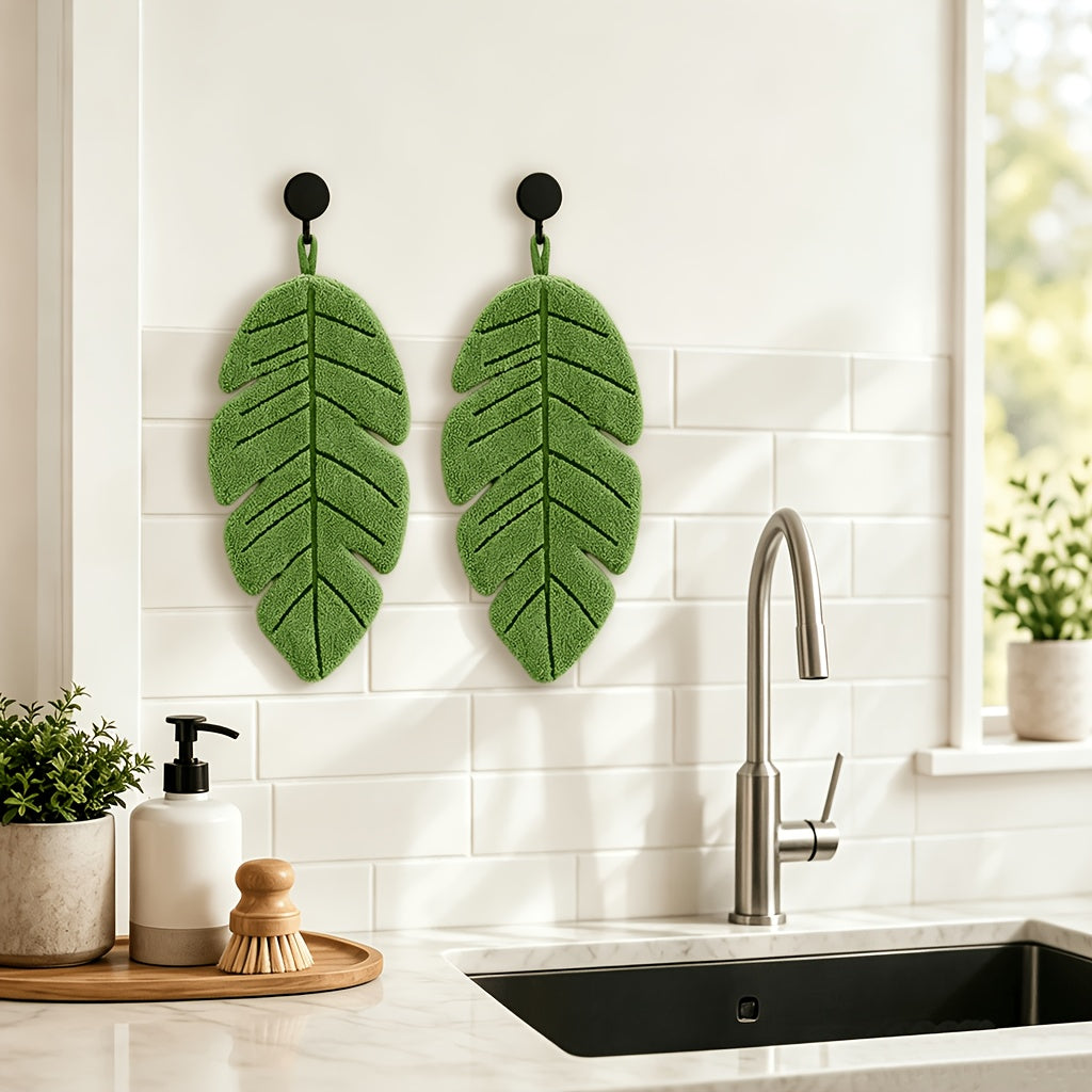 4pcs Banana Leaf Hand Towel Set (2 Towels + 2 Wall Hooks) | Coral Fleece Super Soft, Highly Absorbent & Quick-Dry | Hanging Towels for Kitchen and Bathroom | Ideal Home Decor Gift for Plant Lovers | Made in China