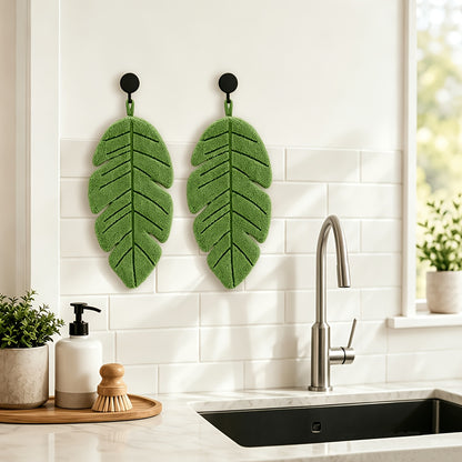 4pcs Banana Leaf Hand Towel Set (2 Towels + 2 Wall Hooks) | Coral Fleece Super Soft, Highly Absorbent & Quick-Dry | Hanging Towels for Kitchen and Bathroom | Ideal Home Decor Gift for Plant Lovers | Made in China