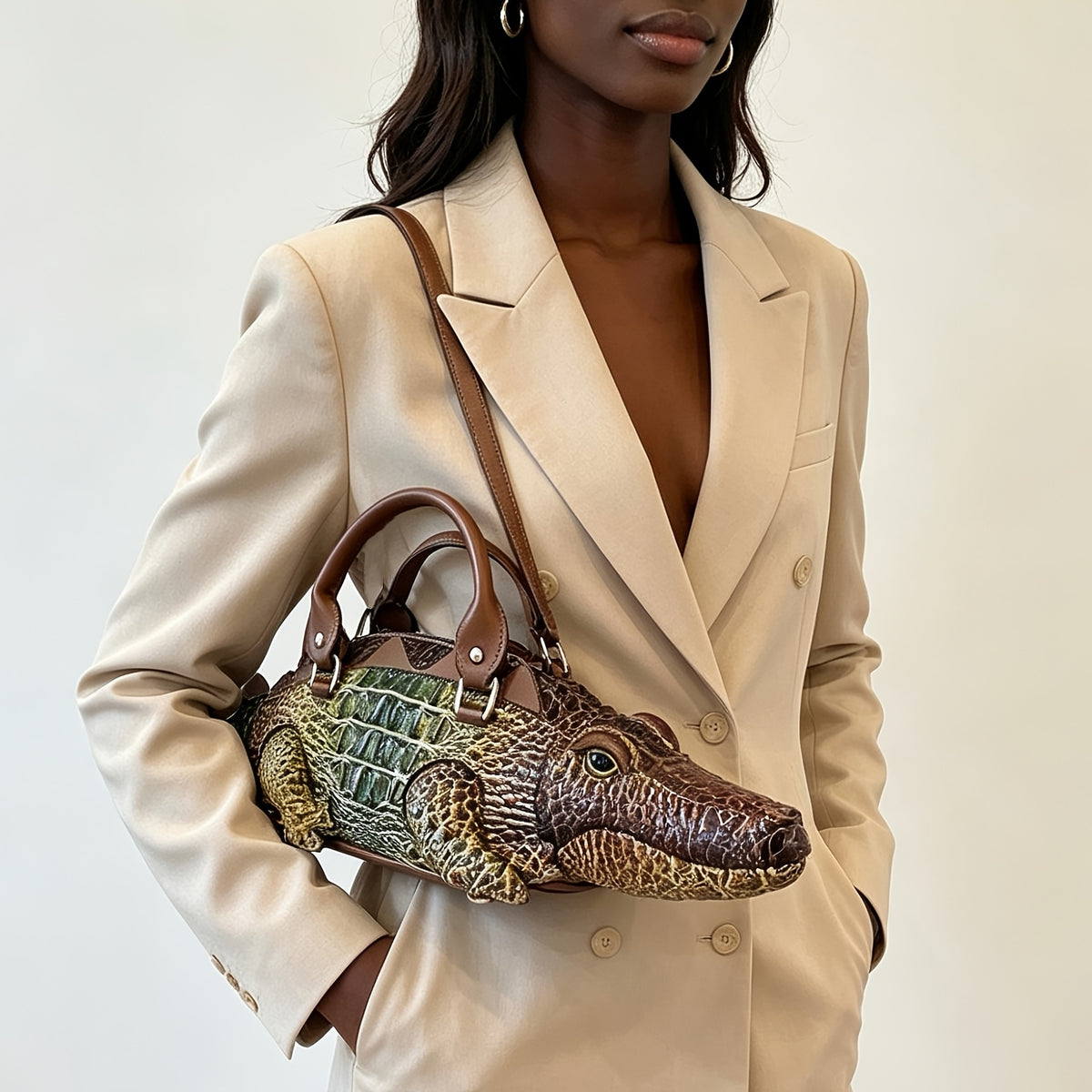 3D Crocodile-Print Handbag with Detachable Straps - Convertible Crossbody & Backpack, Punk Style Suitable for,, Travel, Zipper Closure, Multifunctional Shoulder for Daily Use