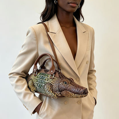 3D Crocodile-Print Handbag with Detachable Straps - Convertible Crossbody & Backpack, Punk Style Suitable for,, Travel, Zipper Closure, Multifunctional Shoulder for Daily Use
