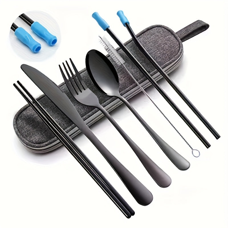 Portable Cutlery Set, 8pcs Travel Camping Utensil Kit with Fork, Spoon, Chopsticks, Cleaning Brush, Straw, and Carrying Case, Stainless Steel Cutlery Set