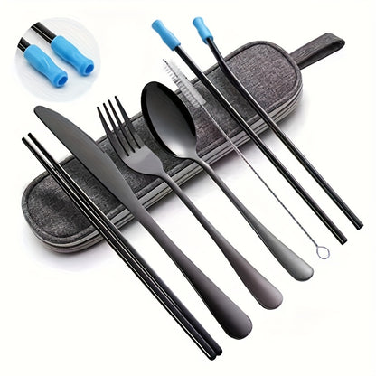 Portable Cutlery Set, 8pcs Travel Camping Utensil Kit with Fork, Spoon, Chopsticks, Cleaning Brush, Straw, and Carrying Case, Stainless Steel Cutlery Set
