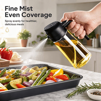 16oz Glass Oil Sprayer- 470ml Olive Oil Sprayer, 2-in-1 Kitchen Gadget, Suitable for Cooking, Salad Dressing, and Barbecue, Square Design with Black Cap, Hand Wash Only, PVC-Free