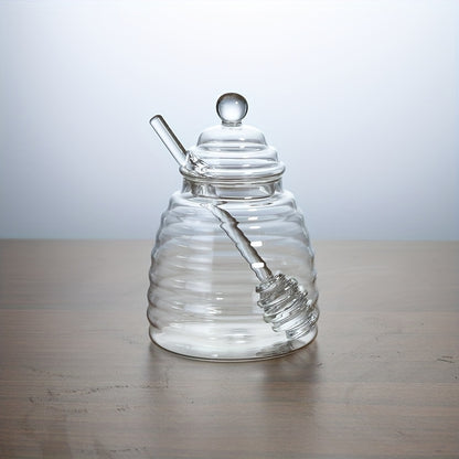 1pc Glass Honey Jar with Dipper & Lid | Transparent High Borosilicate Honey Container | Bee Decorations | Airtight Storage for Honey, Syrup & Jams