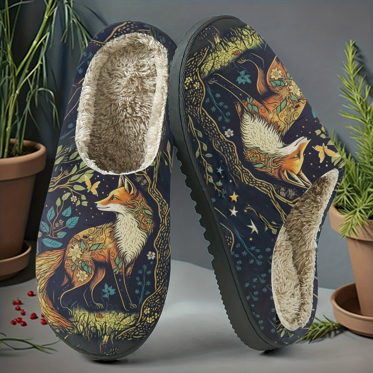 Dark Night Blossom Spirit Fox Print Home Slippers, Featuring a Fox Among Dark Night Blossoms and Foliage, with an Intricate and Mysterious Design. Soft and Warm to the Touch, These Slippers Are a Cozy, Skin-friendly Home Essential, Suitable for Both