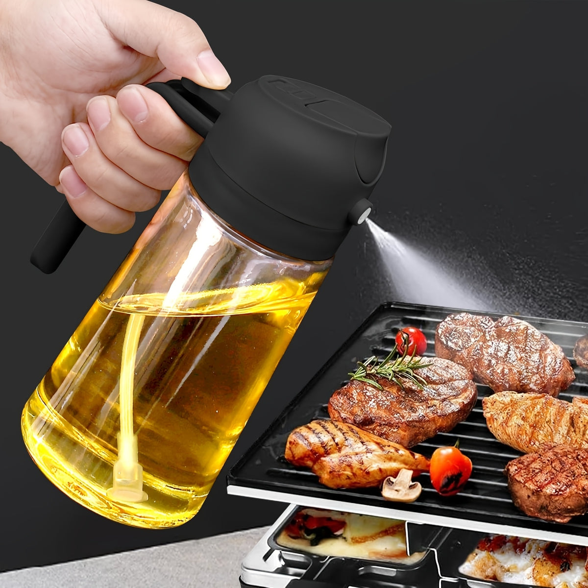 16oz Glass Oil Sprayer- 470ml Olive Oil Sprayer, 2-in-1 Kitchen Gadget, Suitable for Cooking, Salad Dressing, and Barbecue, Square Design with Black Cap, Hand Wash Only, PVC-Free