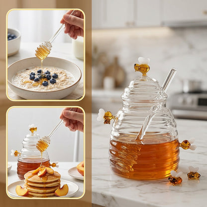 1pc Glass Honey Jar with Dipper & Lid | Transparent High Borosilicate Honey Container | Bee Decorations | Airtight Storage for Honey, Syrup & Jams