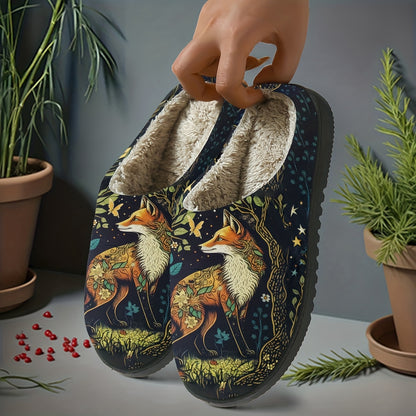 Dark Night Blossom Spirit Fox Print Home Slippers, Featuring a Fox Among Dark Night Blossoms and Foliage, with an Intricate and Mysterious Design. Soft and Warm to the Touch, These Slippers Are a Cozy, Skin-friendly Home Essential, Suitable for Both