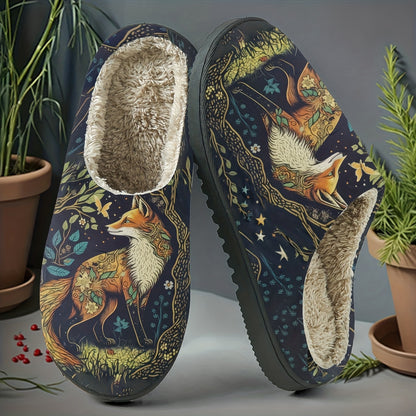 Dark Night Blossom Spirit Fox Print Home Slippers, Featuring a Fox Among Dark Night Blossoms and Foliage, with an Intricate and Mysterious Design. Soft and Warm to the Touch, These Slippers Are a Cozy, Skin-friendly Home Essential, Suitable for Both