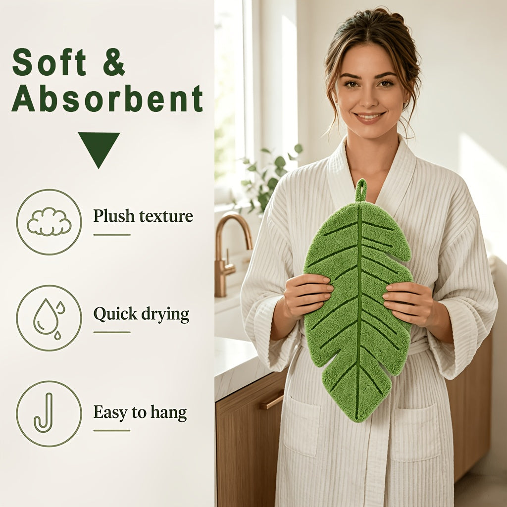 4pcs Banana Leaf Hand Towel Set (2 Towels + 2 Wall Hooks) | Coral Fleece Super Soft, Highly Absorbent & Quick-Dry | Hanging Towels for Kitchen and Bathroom | Ideal Home Decor Gift for Plant Lovers | Made in China