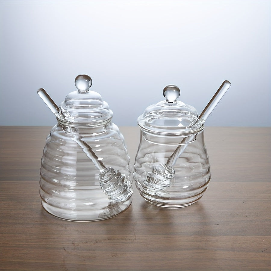 1pc Glass Honey Jar with Dipper & Lid | Transparent High Borosilicate Honey Container | Bee Decorations | Airtight Storage for Honey, Syrup & Jams