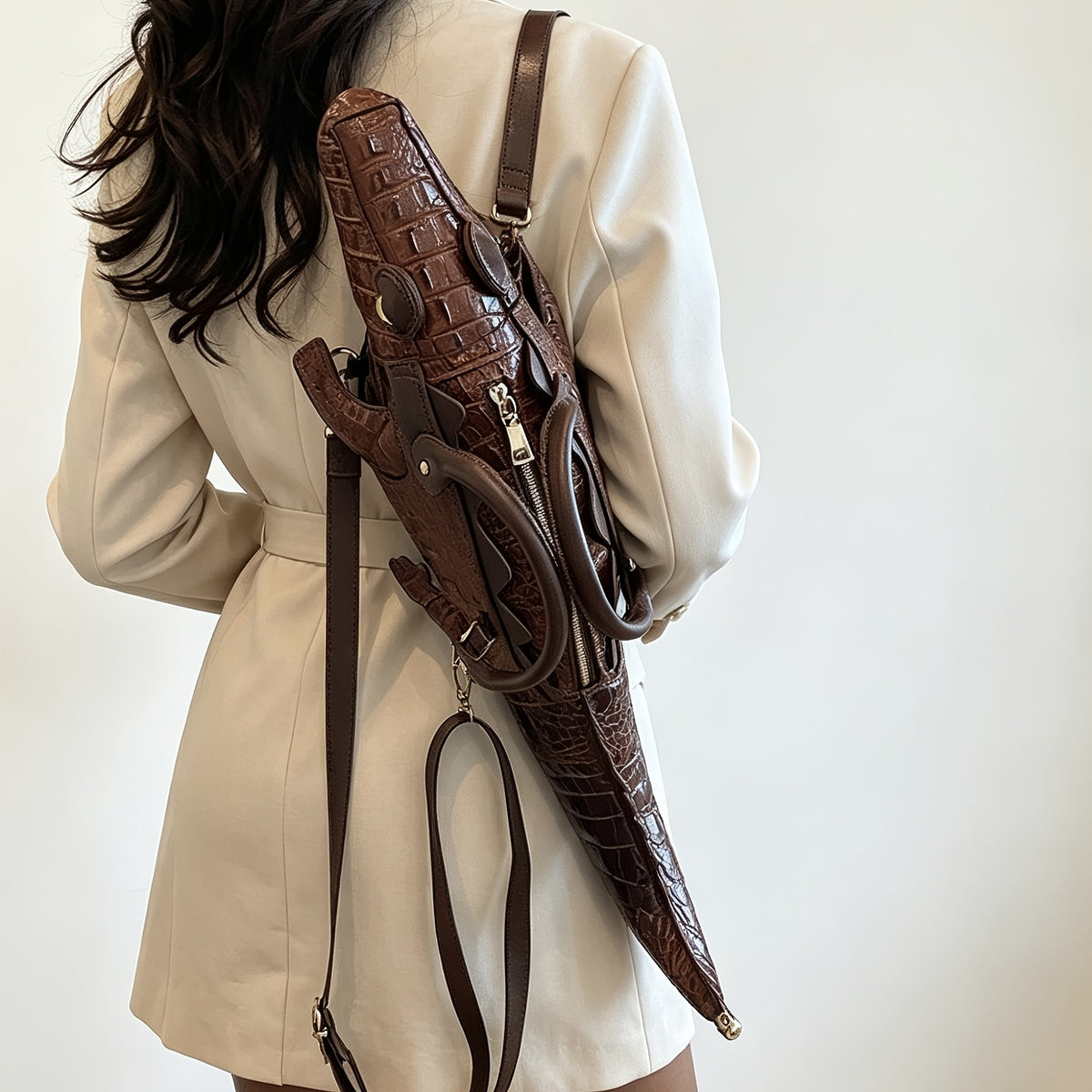 3D Crocodile-Print Handbag with Detachable Straps - Convertible Crossbody & Backpack, Punk Style Suitable for,, Travel, Zipper Closure, Multifunctional Shoulder for Daily Use