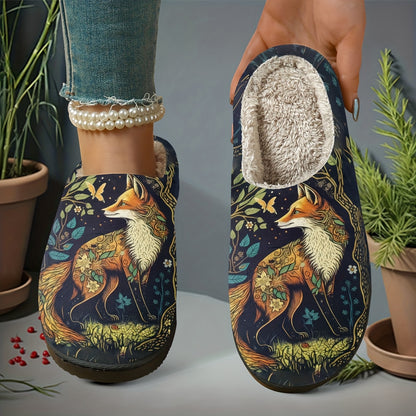 Dark Night Blossom Spirit Fox Print Home Slippers, Featuring a Fox Among Dark Night Blossoms and Foliage, with an Intricate and Mysterious Design. Soft and Warm to the Touch, These Slippers Are a Cozy, Skin-friendly Home Essential, Suitable for Both