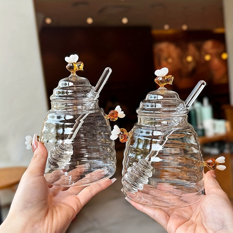 1pc Glass Honey Jar with Dipper & Lid | Transparent High Borosilicate Honey Container | Bee Decorations | Airtight Storage for Honey, Syrup & Jams