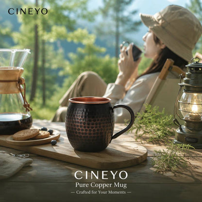 CINEYO Black Pure Copper Hammered Mug, Handcrafted Textured Copper Lined Coffee Cup with Sturdy Ergonomic Handle, Large Multipurpose Drinking Vessel for Coffee Tea Juice, Unique Hammer Pattern Metal Drinkware for Home Office Daily Use